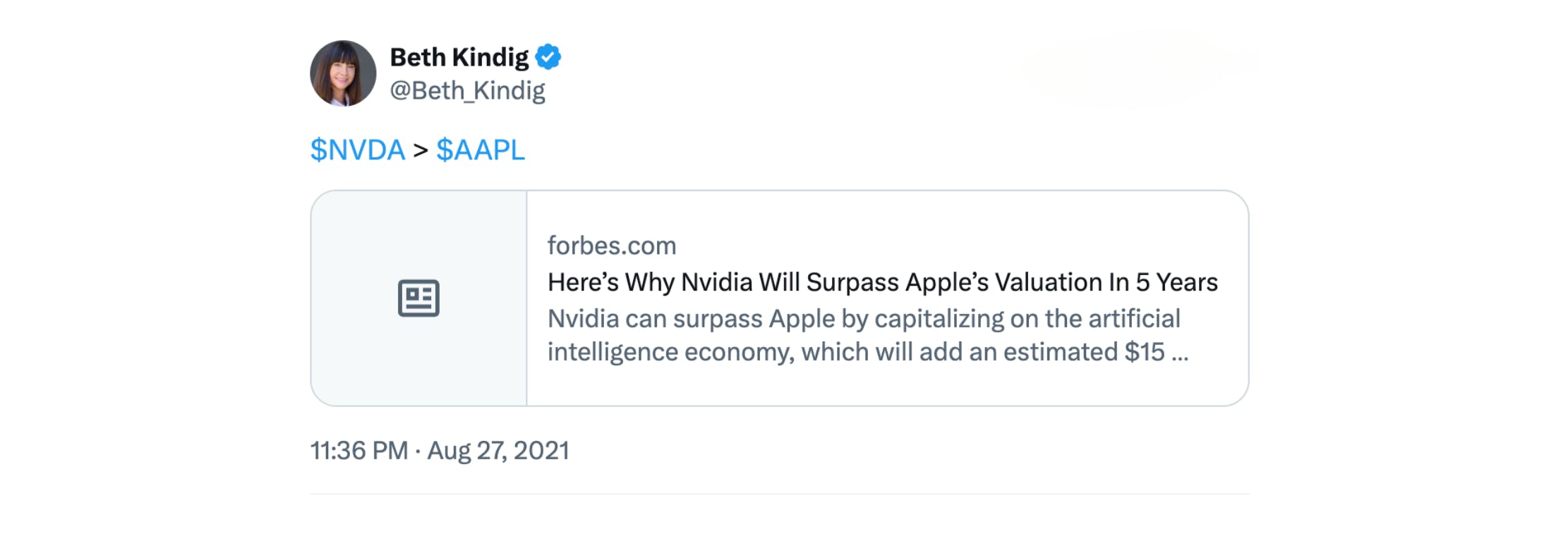 screenshot of a Twitter post by Beth Kindig, showing an article link titled
