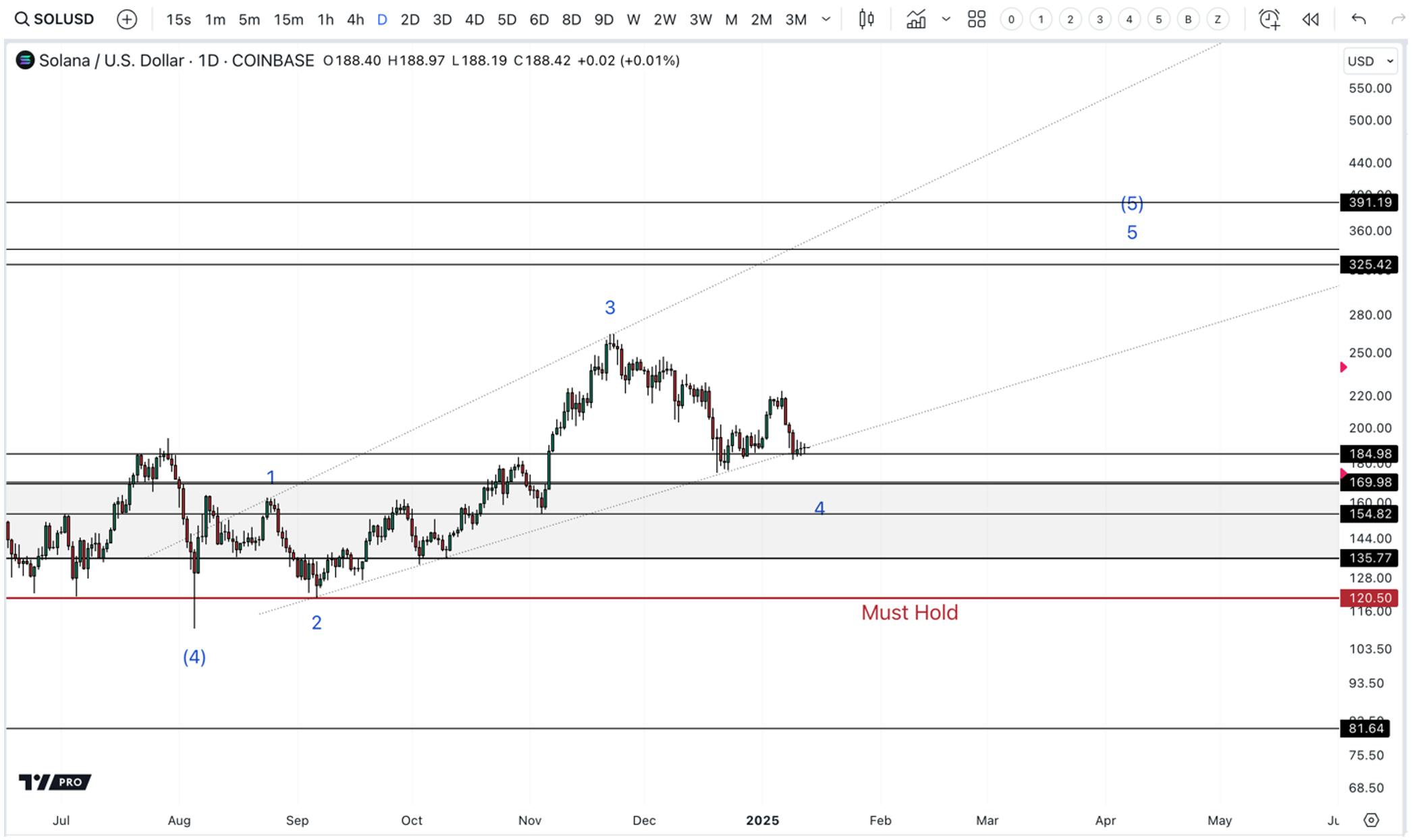 Solana (SOL) price analysis: 4th wave correction to $170-$135, then swing to $325-$390 if support holds above $120.