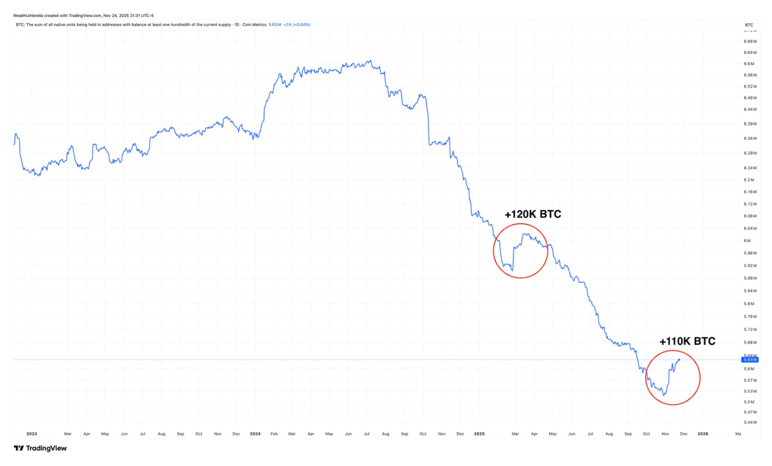 WealthUmbrella on-chain analysis chart showing significant Bitcoin whale accumulation of approximately 110,000 BTC during the recent price drop, highlighting strong underlying network fundamentals despite ETF outflows and signaling potential seller exhaustion.
